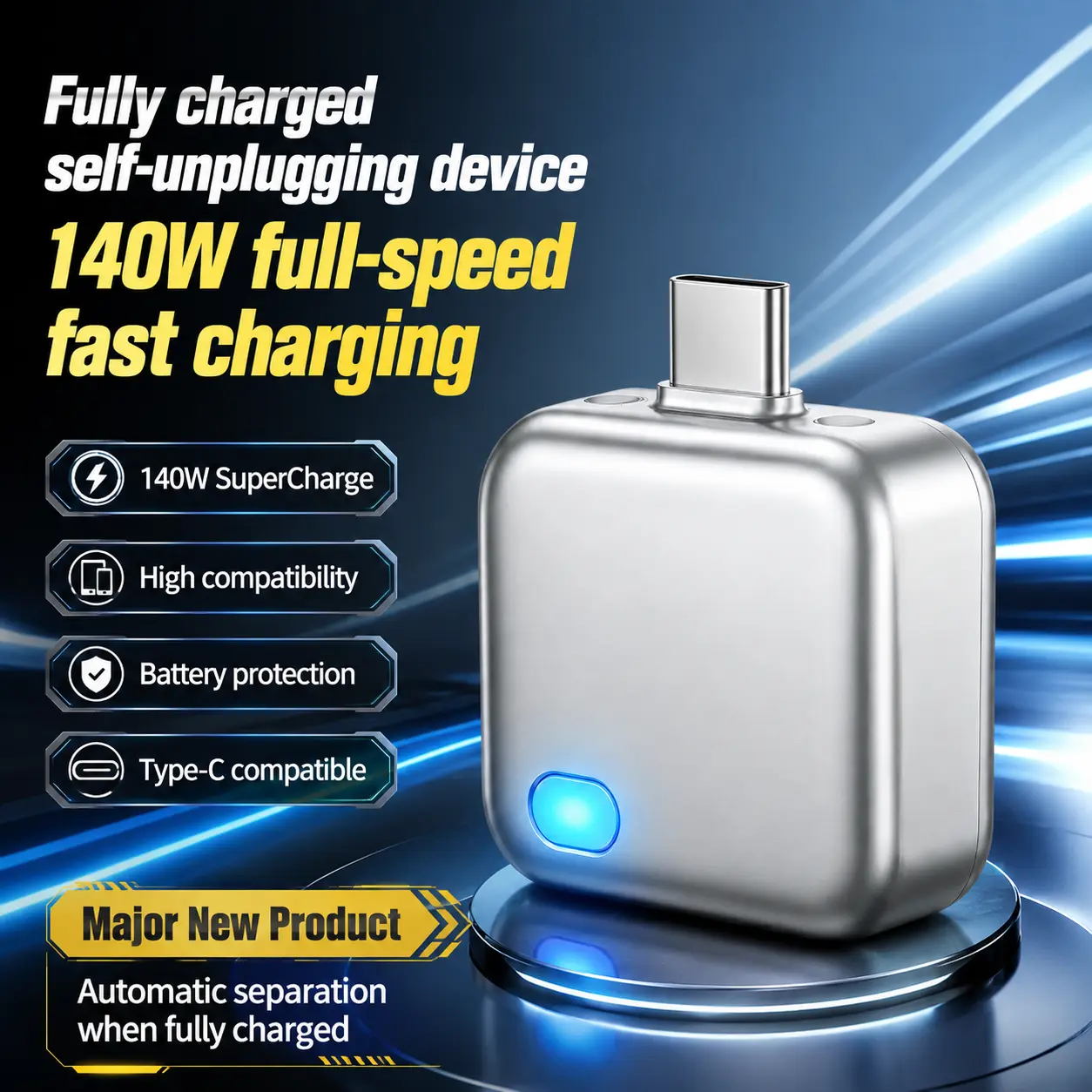 140W Type-C Auto Disconnect Charger, Smart Physical Battery Guard, Auto Stop Charging Adapter for iPhone, Android, Laptop & Tablet, Anti-Overcharge Protection for Safe Overnight Charging