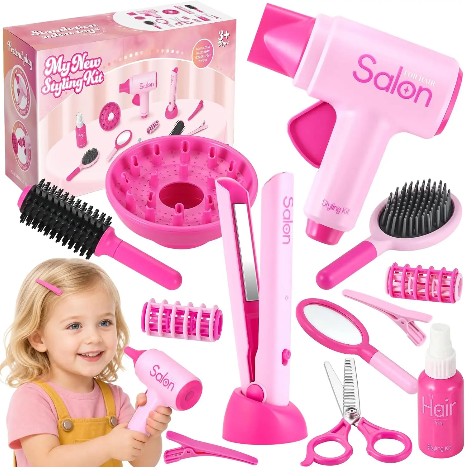 GAGAKU Hair Salon Toys for 3-8 Year Old Girls, Pretend Play Beauty Set with Sound Hair Dryer, Curling Iron, Straightener & Styling Accessories, Role Play Gift for Kids Age 4 5 6 7