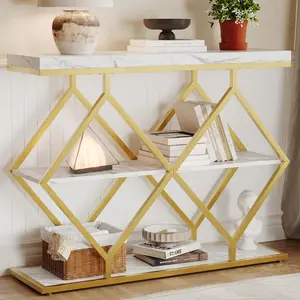 Garvee 3-Tier Entryway Table, Industrial Console Sofa Table with Storage, Decorative Table with Open Shelves, Diamond-Shaped Metal Frame, Hallway Table for Entryway