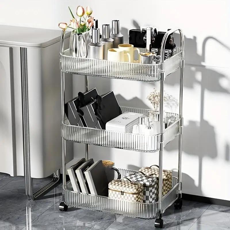 Portable 3-Tier Rolling Acrylic Makeup Cart Transparent Multi-Layer Storage Organizer for Bathroom Living Room