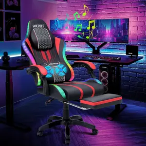 HOFFREE LED Gaming Chair with Speakers and Massage Video Game Chair Big and Tall with Footrest Gamer Chair for 400lbs Computer Desk Chair Red and Black, Red+black