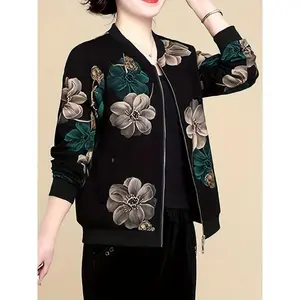 Floral Print Zip Jacket, Casual Baseball Collar Long Sleeve Coat, Women's Clothing