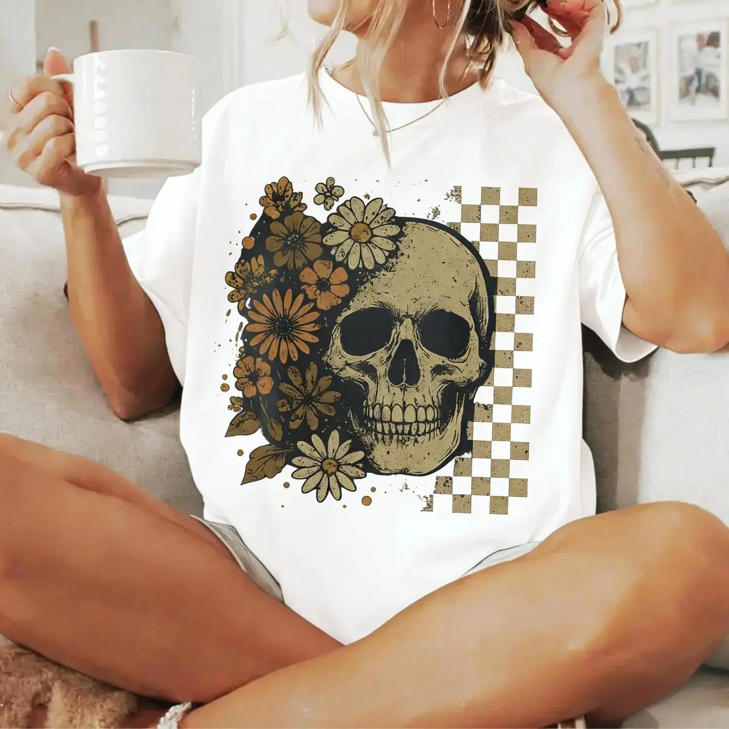 Vintage Boho Skull Graphic T Shirt Perfect for Summer and Halloween Celebrations