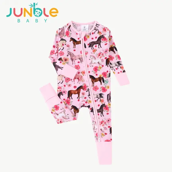 Junblebaby Bamboo Baby Romper - Convertible Footies, 2-Way Zipper, Pink Horse, Western Floral Infant Sleepsuit, Baby Clothing, Long Sleeve Shirt