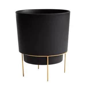 212 MAIN Modern Round Shape 8x6 in. Hopson Metal & Plastic Planter with Stand, Black, Outdoor-Ready, Drainage Holes, Separable Parts