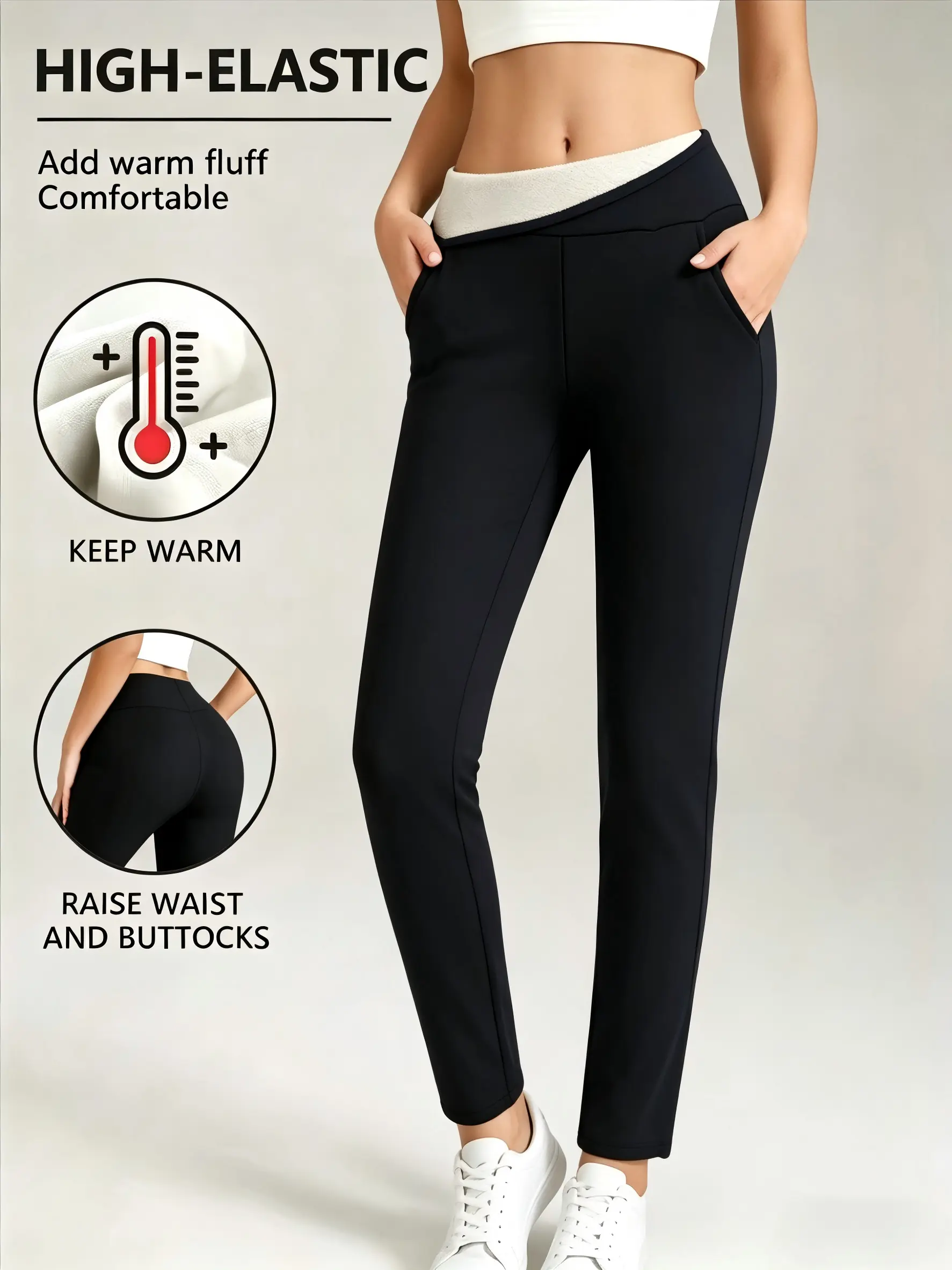 Women's Seamless High-Waisted Fleece-Lined Leggings, Comfy High Elastic Winter Yoga Pants with Pockets for Gym Fitness, Athleisure Style Bottoms, Comfy Athleisure Pants