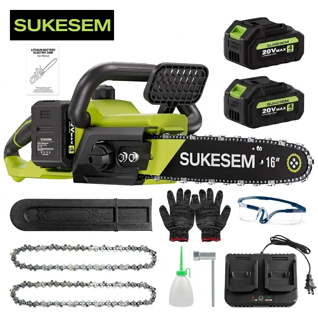 SUKESEM 16-in Cordless Handheld Chainsaw, Battery Powered Metal Brushless Saw with 16-in Bar, 2×4.0Ah Batteries, Long-Lasting Power, Tree Trimmer Pole Saw for Wood Cutting, Father's Day Gift