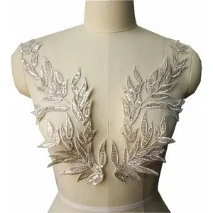 White Gold Leaf Leaves Lace Patches Fabric Sequin Embroidered Party Gown Appliques Collar Sew Patch for DIY Wedding Decoration Dress Decor (Light Gold)