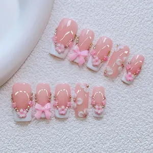 10 pcs Handmade Press on Nails Luxury Handcrafted SquareNails Featuring Sculpted 3D Floral Art with Pink Bow & Petite Flower Accents, Sparkling Golden Rhinestone Embellishments 3D Floral White Tips, Y2K Baddie Style