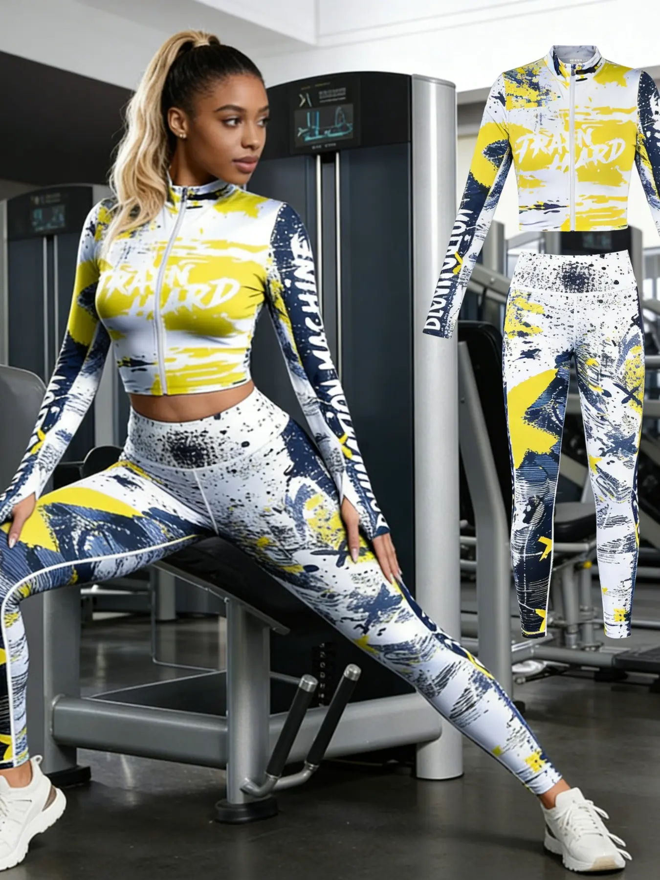 Street Style Long Sleeve Thumbhole Jacket Set, All over Print Design, Athleisure Sportswear Set, Athletic Yoga Set, Perfect for Yoga & Daily Wear, Ideal for Outdoor Activities, Athleisure Gym Clothes, Fitness Outfit Athleisure, Workout Sportswear
