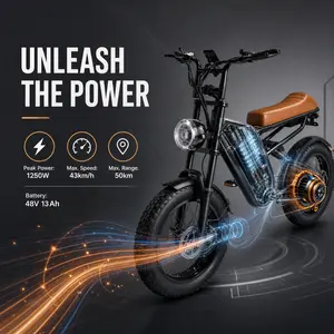 Ebike Retro Moped Style 1250W Peak Fat Tire Electric Bike for Adults, 25MPH 43km/h Max Speed 48V 13Ah Battery 50km Long Range 20" All-Terrain E-Bike with Shimano 7-Speed forteens ebike mountin quick