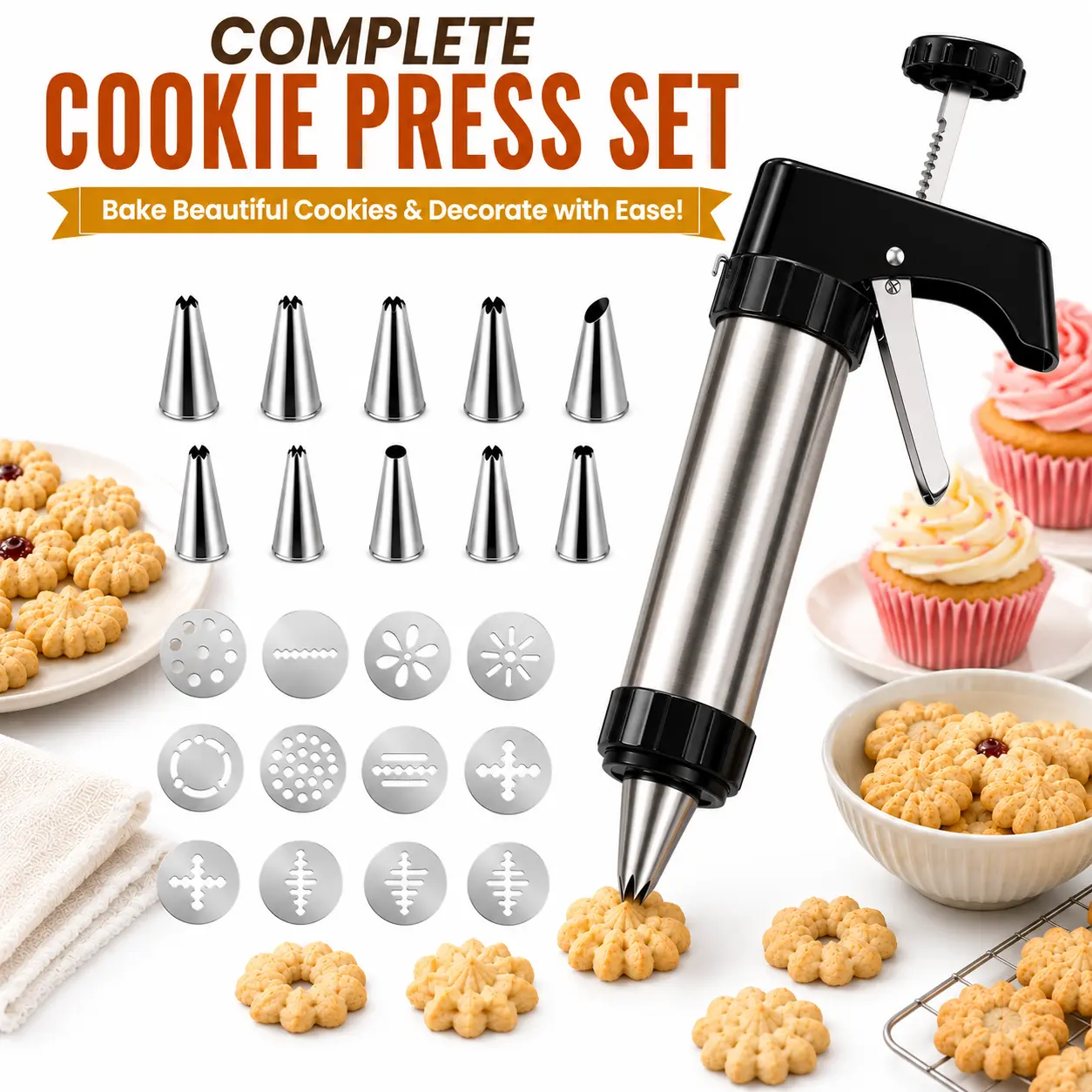 ONESHOW HOME Stainless Steel Cookie Press Gun Set with 13 Cookie Discs & 8 Icing Tips, DIY Biscuit Maker Kit for Cookies, Cupcakes, Pastries & Cake Decorating