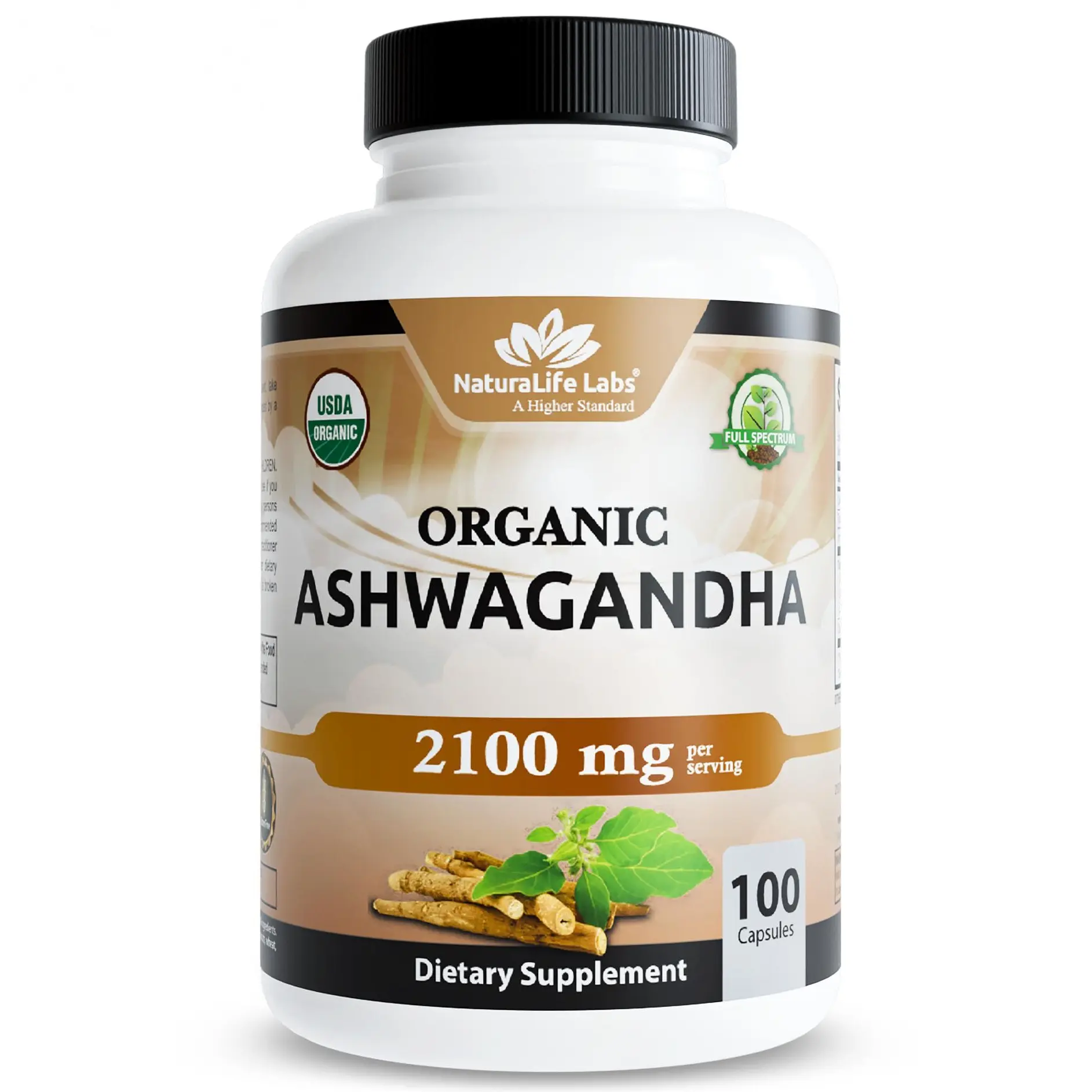 NaturaLife Labs Organic Ashwagandha 2100 mg per Serving – Full Spectrum Root Powder and Standardized Extract (Withanolides) – 100 Capsules – Vegan – Non-GMO, Gluten-Free
