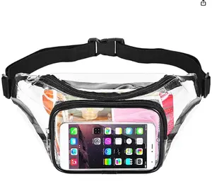 Adjustable Waistband PVC Transparent Waist Bag with Double Compartments Secure Buckle Closure for Sports Events Travel Concerts Mini Backpack Waterproof Pouch with Front Pocket