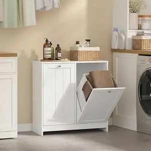 [YMW] Tilt-Out 2-Compartment Laundry Hamper Cabinet, Modern Clothing Storage Basket,Hamper Cabinet for Bathroom, LaundryRoom,Bedroom. White