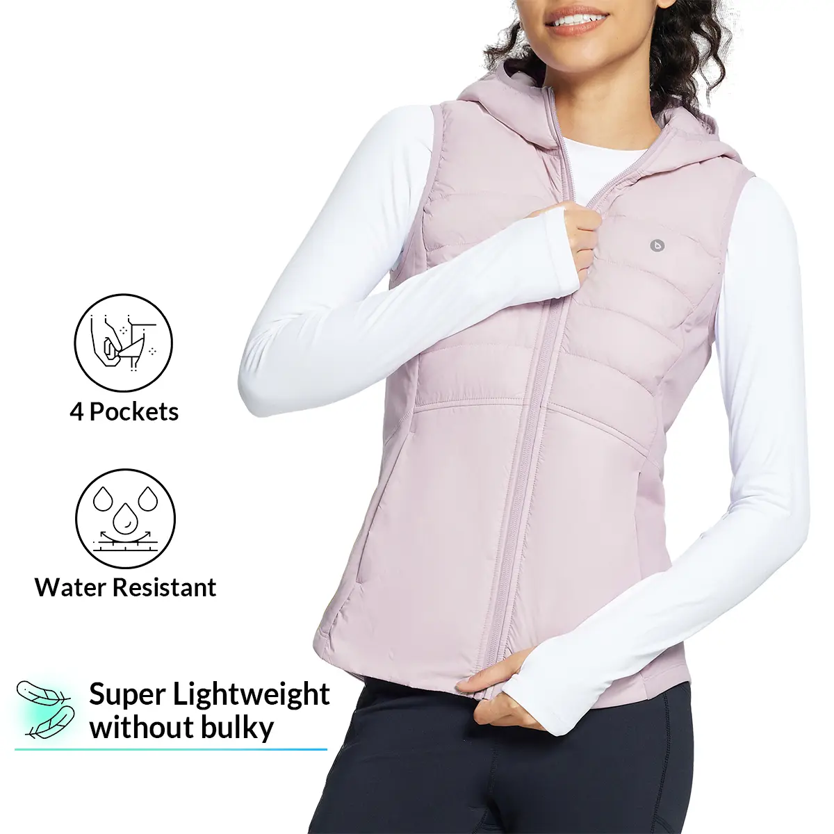 Baleaf Women's Hooded Puffer Vest - Slim Fit, Lightweight, Fleece-Lined, High Neck, Breathable Tops with Compact Pocket, Minimalist Basic Outerwear for Fall Winter Outdoor Use