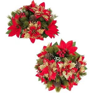 Christmas Table Centerpiece: 2-Piece Set Red & Gold Sequin Artificial Poinsettia Christmas Ball Decorations - Faux Silk Holiday Floral Christmas Indoor Home Decor