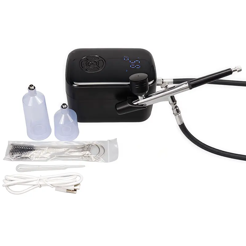 This 58psi portable double-action spray gun kit with a mini air compressor is suitable for a variety of handicrafts, including makeup, art painting, cake decorating, nail art, and model painting.