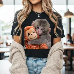 100% pure cotton Crewneck T Shirt Black Monkey And Plush Toy Print Casual Wear For Women And Girls Everyday Outfit Streetwear Fashion Top # TeamPunch, # Punchthemonkey