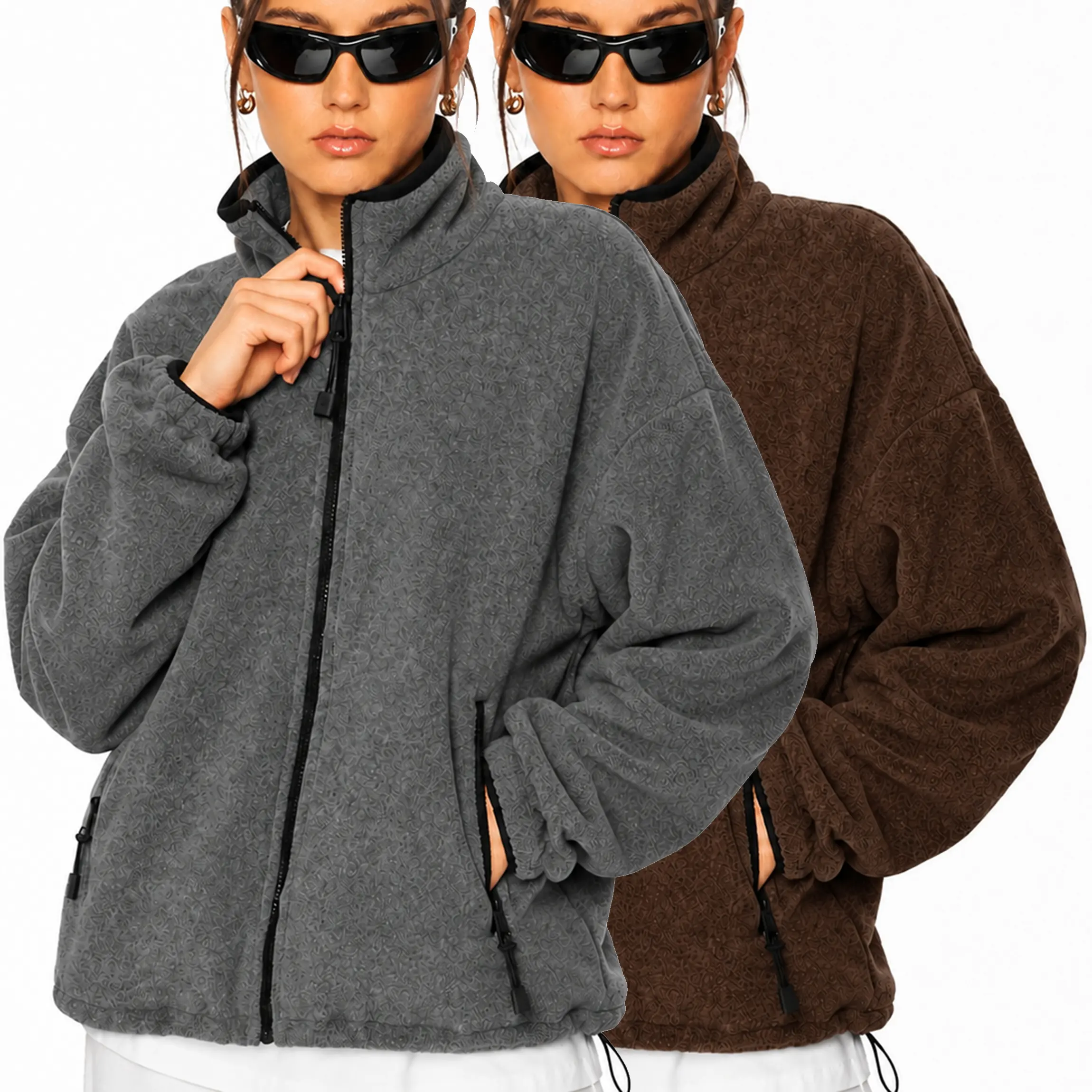 Buenoble Women’s Oversized Fleece Zip Up Jacket High Neck Textured Coat with Zipper Pockets & Adjustable Hem