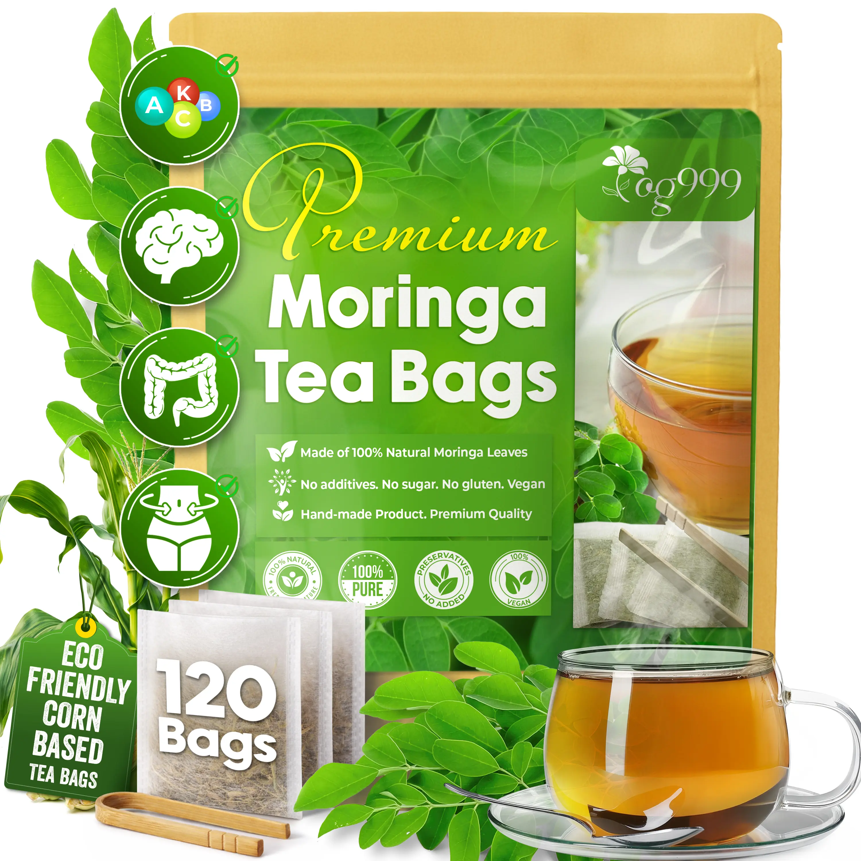 FreshDrinkUS 120 Moringa Leaf Tea Bags, 100% Natural & Pure from Moringa Leaves. Loose Leaf Moringa Herbal Tea. Moringa Leaf Tea. No Sugar, No Caffeine, No Gluten, Vegan. Beverage