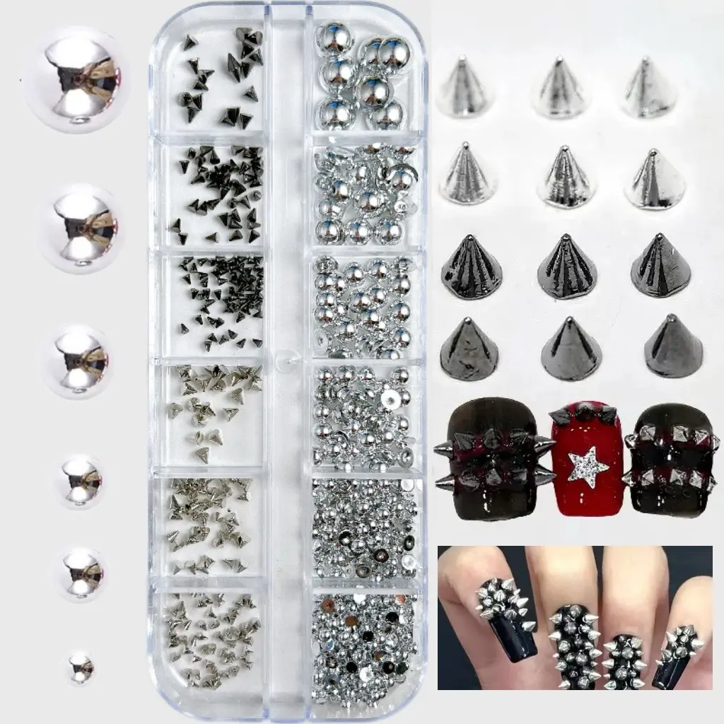 Punk Style Nail Art Metal Rivet Set, 12 Pcs Pointed/flat Nails, Dark Theme Nail Accessories, Trendy Nail Decorations, Nail Decoration Supplies, Nail Art Rhinestones / Flatback Crystals / Multi-Color / Pickup Tool