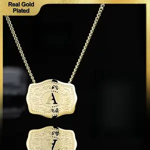 Golden Initial Letter Pendant Necklace with Embossed Belt Buckle CowTag Western Style Jewelry Gift for Men Women Buy 1 Get 1 Free Chain 18"+2" Extender Length Handmade Perfect Gift