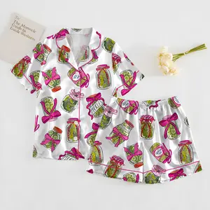 Pickle Pink Bows Pajamas Set, Women’s Pickle Lover Pink Bows Pajama Set, Sleepwear Gifts Nightwear Pajama Satin Long Pants, Gift For Her