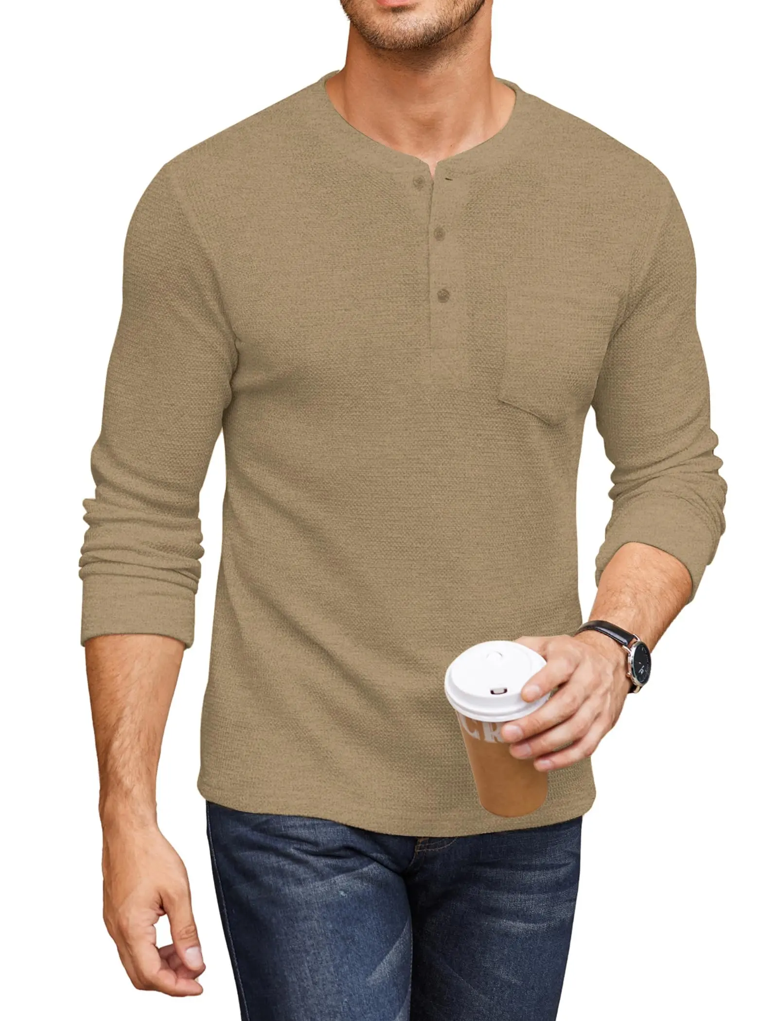 COOFANDY D Men's Henley Shirts Long Sleeve Basic Waffle Pique Pullover T-Shirt with Pocket