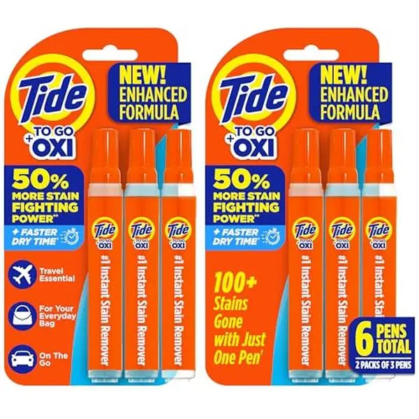 Tide Pen Stain Remover for Clothes, To Go Pen, Instant Stain Remover Pen & Spot Cleaner, Portable & Travel-Friendly, Works on Food & Drink Stains, Fits in Purses & Bags, 3 Count (Pack of 2)