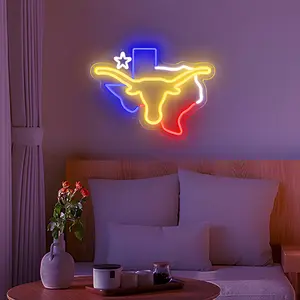 Texas Longhorn Neon Sign LED State Shaped Wall Light with Star Design USB Powered for Bar Garage Game Room Man Cave Decor Cool Western Style Gift for Men Dad Friends Cowboys Red White Blue Yellow
