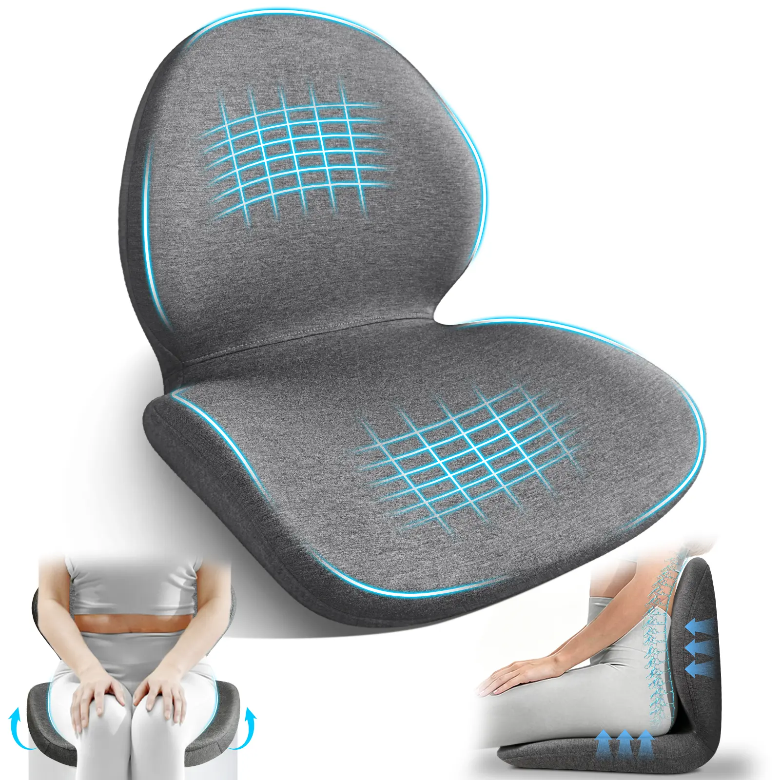 Ergonomic Curved Memory Foam Seat Cushion with Lumbar Support Pillow, Pressure & Stress Relief for Truck Drivers, Dense Foam Eases Hip Tailbone Sciatica Pain, Breathable Washable Cover, Non-Slip Base, Fits Office Home, Grey