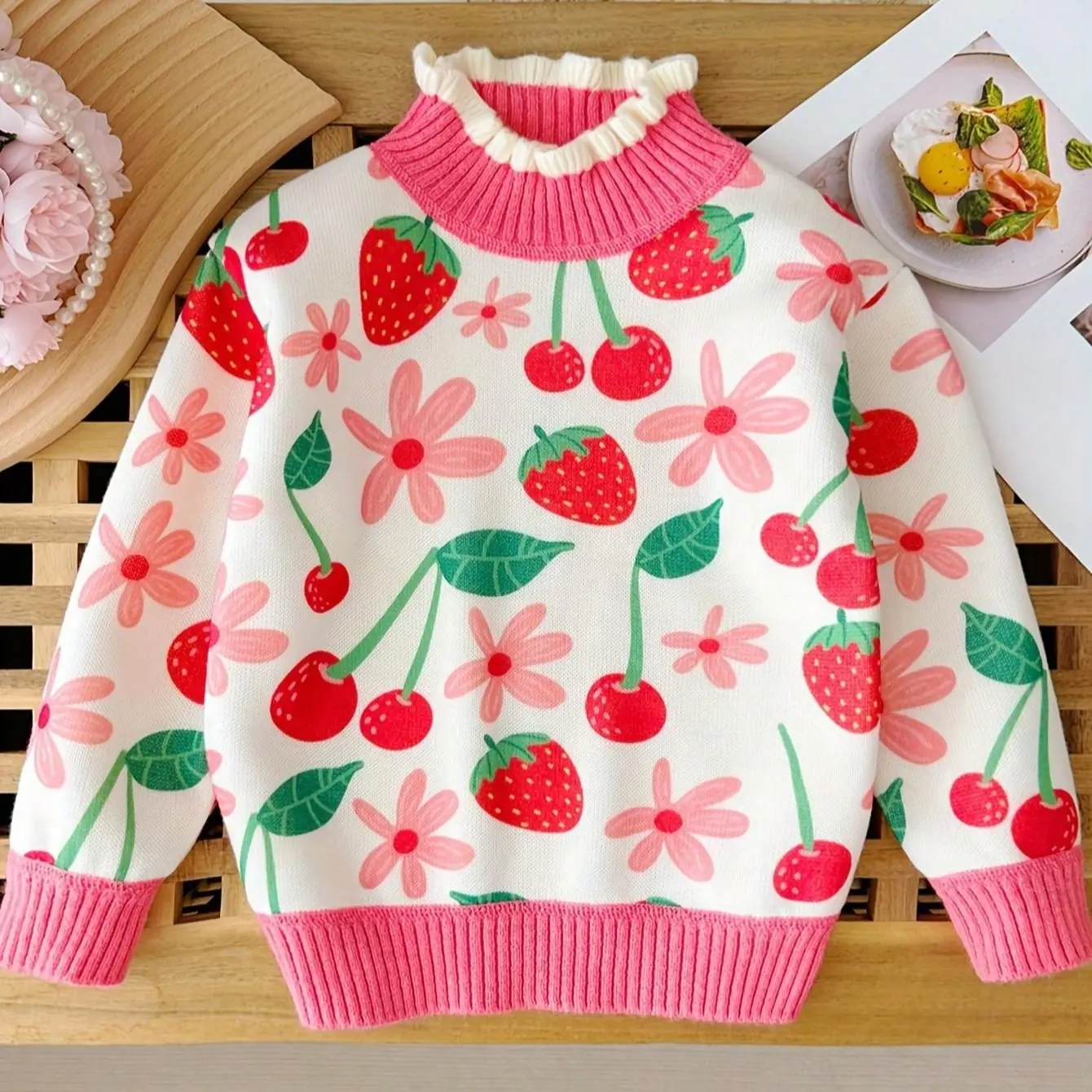 festive wear Toddler Girl Ruffle Neck Sweater with Strawberry & Cherry Fruit Floral Print Cute Knit Top for Trendy Little Ones