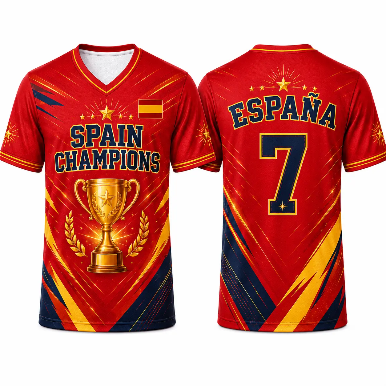 Men's Spain-Inspired Champion-Style V-Neck Short-Sleeve Sports Shirt - Red Yellow Football Fashion Athletic Outfit, Trophy Graphic Sporty Chic Game Day Outfit for Watch Parties, Casual Wear, Game Day Outfits, Athletic Outfits