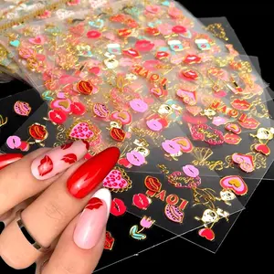 30 Sheets Valentine's Day Nail Art Stickers Heart Nail Stickers 3D Self Adhesive Lip Nail Decals Cute Nail Art Supplies Lipstick Love Red Lip Designs Valentine Nail Decorations for Women Manicure DIY