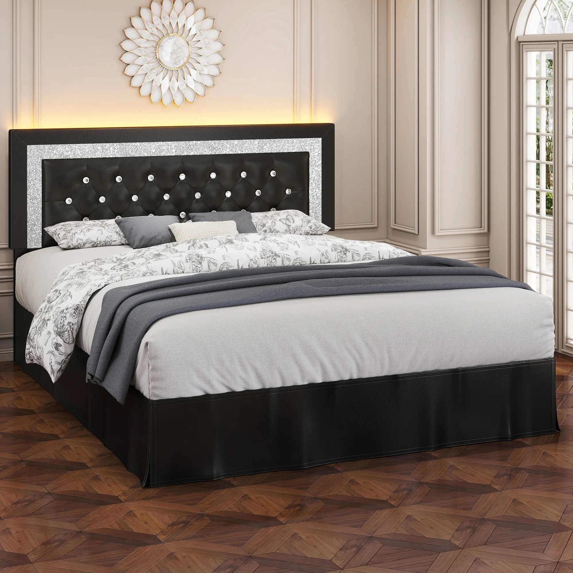 [Summerwins] Queen Bed Frame with LED Lights & Adjustable Headboard - Diamond Tufted Upholstered Frame with Wooden Slats - Full bed frame with mattress - Black/White/Grey
