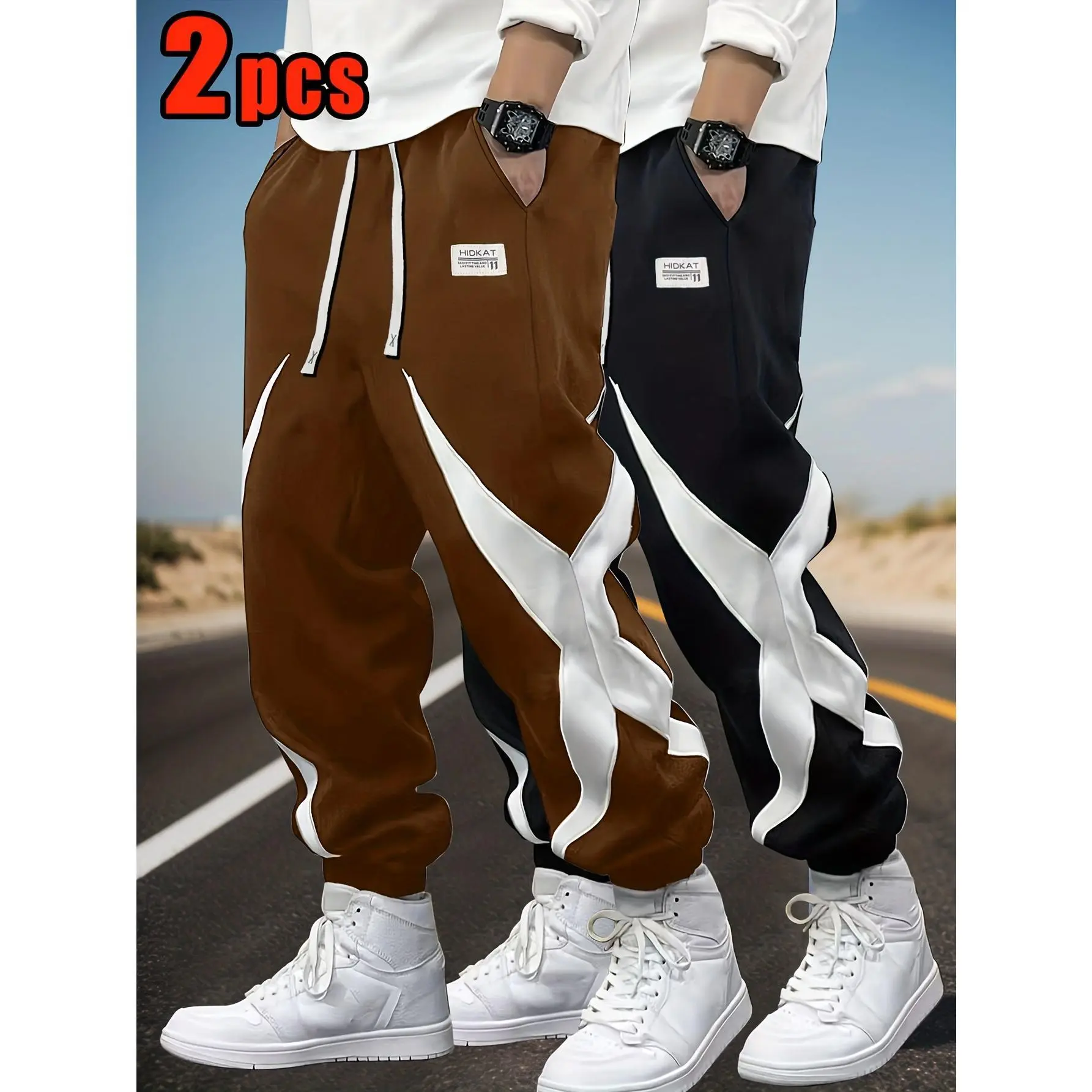 Men's 2-piece color blocked patchwork ankle sweatpants Large loose drawstring multi pocket casual pants Available , American street style trendy workwear pants