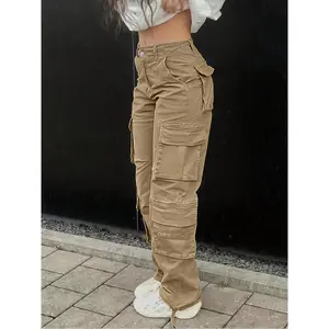 Women’s High-Waisted Wide-Leg Cargo Jeans – Y2K streetwear style, vintage-inspired grey denim with flap pockets, loose fit and polyester fabric—perfect for casual outings; plus-size woven jeans for women