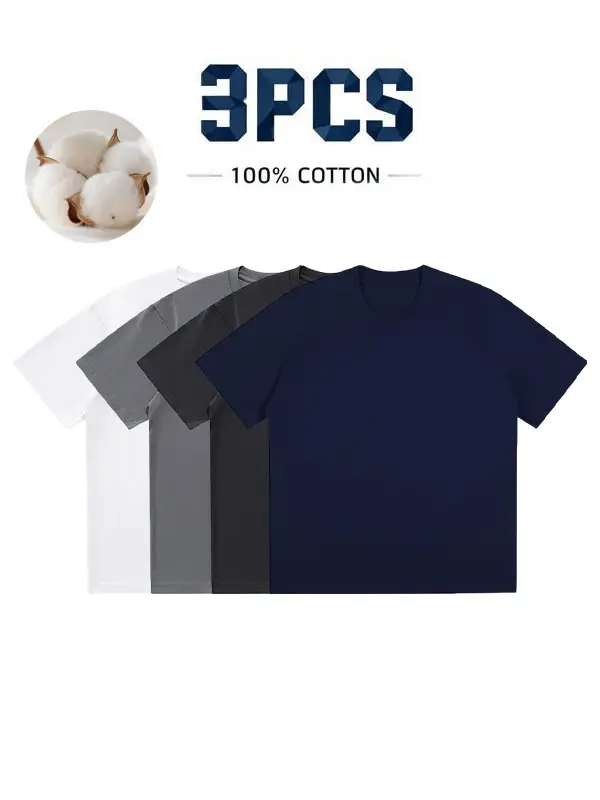 Men's 100% Pure Cotton 3-Piece Short Sleeved T-Shirt Set Soft Comfortable Round Neck Casual Summer Outfit for Daily Wear Comfy Fabric