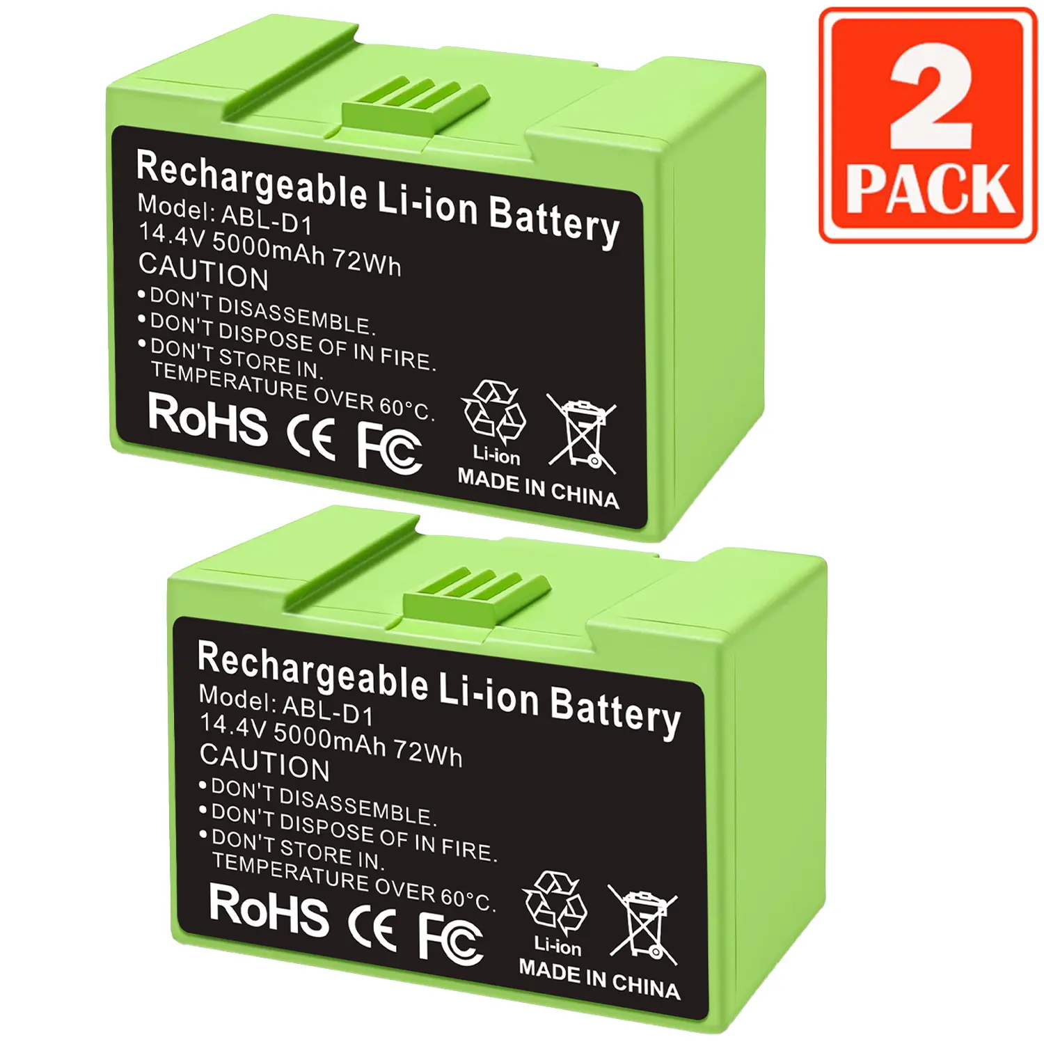 2Pack 5000mAh For iRobot Roomba e e5 e6 e5150 e5152 e6198 and i i3 3150 i3+ 3550 i4 4150 i4+ 4552 i6 I7 i7158 i7+ 7150 7550 i8 Plus Replacement Lithium Ion Battery ABL-D1 4624864 14.4V 5000MAH/72WH, Rechargeable Batteries