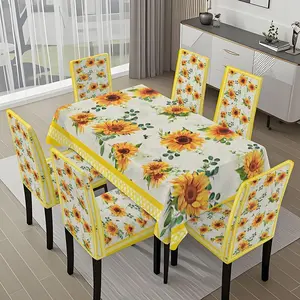 5/7-piece 2D Flat Printing Happy Spring Yellow - Edged Sunflowers Printing Pattern Tablecloth and Chair Cover Set, for dining table and chair decoration, perfect for home, holiday gatherings, restaurants, and parties.