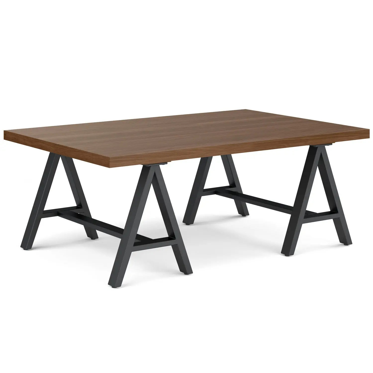 Retro Solid Walnut Veneer and Metal Sawhorse Coffee Table with Storage - Solid Wood Table for Indoor Living Room Use