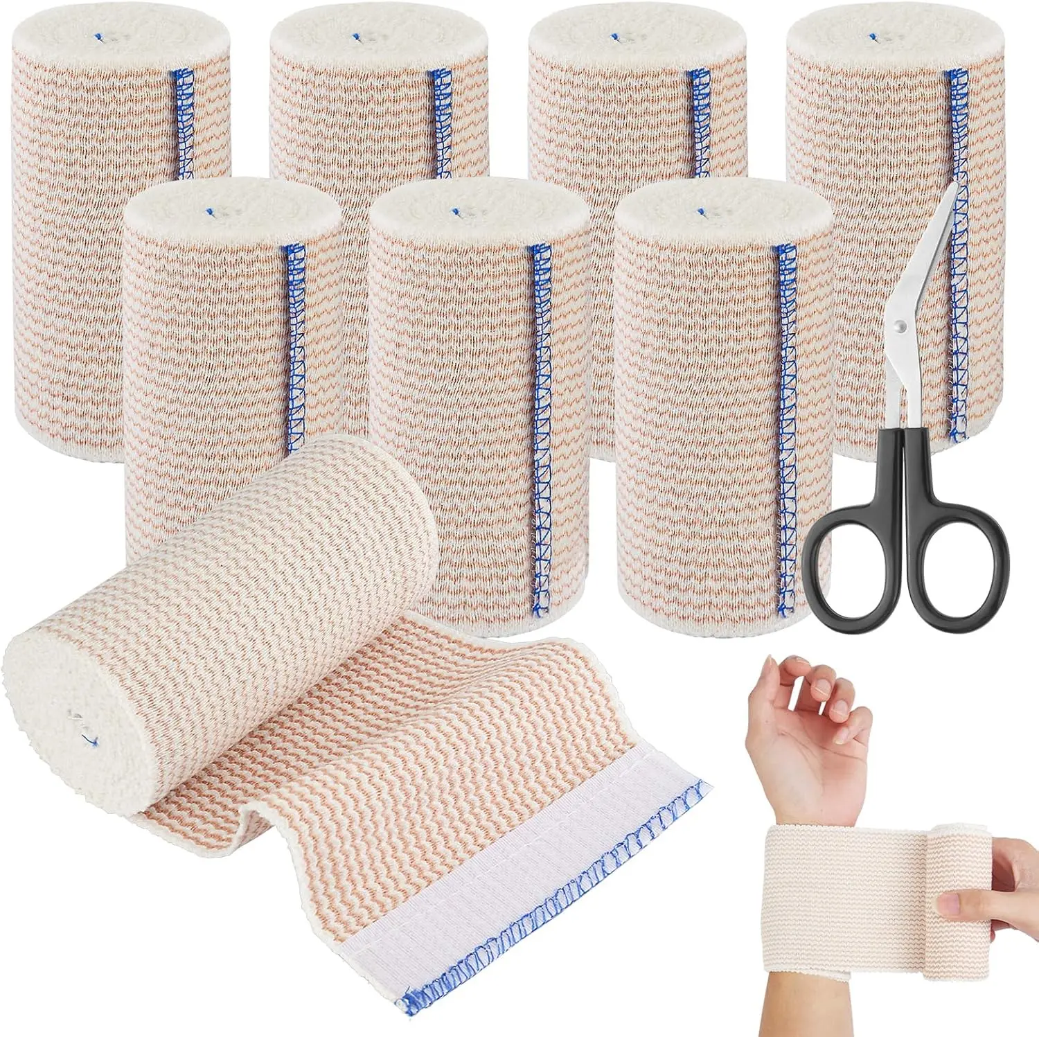 Pack of 8 Elastic Bandages with Self-Adhesive Velcro, Cotton Compression Bandage for Wrist Ankle Knee Support, First Aid Kit Includes Bandage Scissors for Sports & Injuries