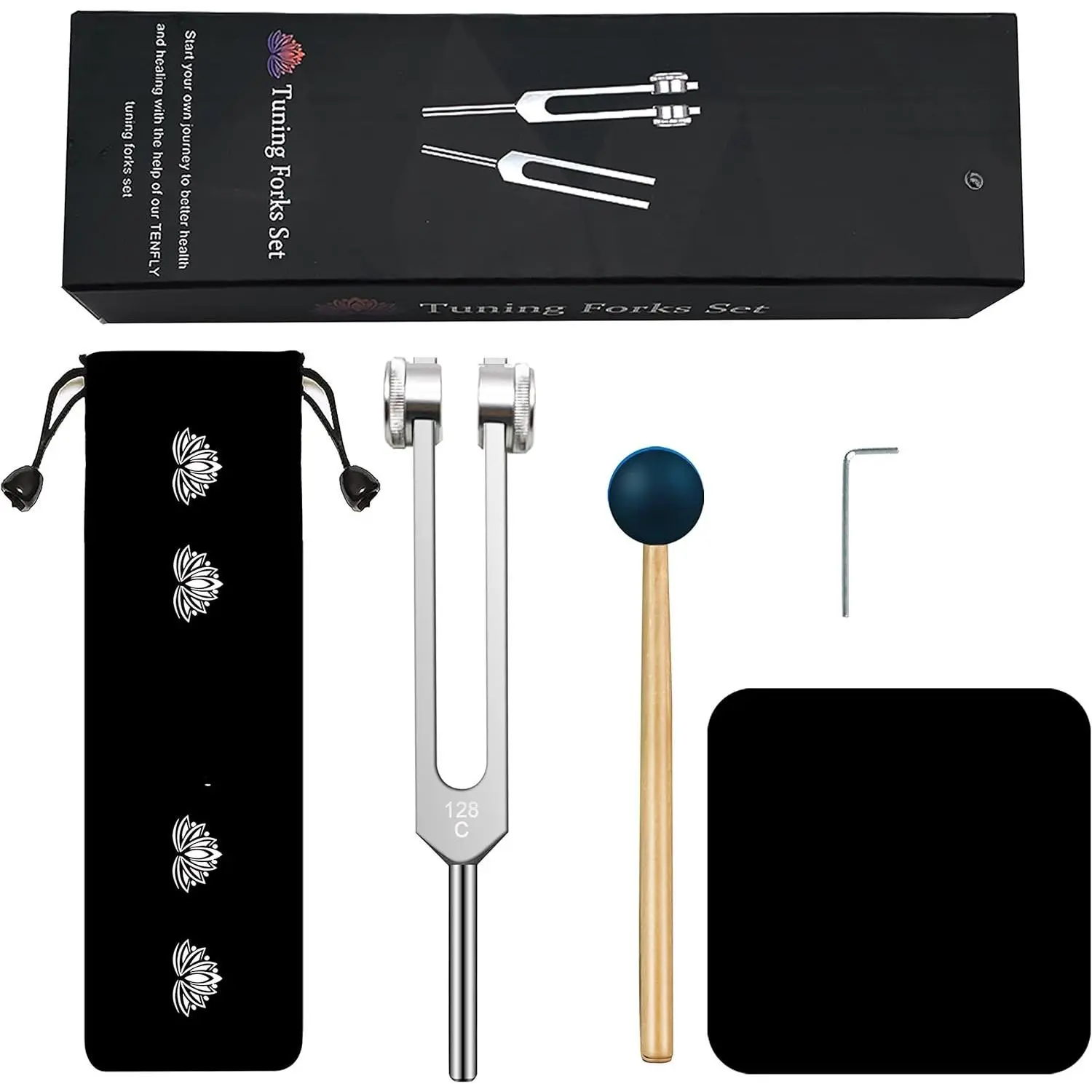 Clinical Grade 128 Hz Non-Alloy Tuning Fork with Portable Black Hammer, Cleaning Cloth, Felt Case for Sensory Use (Percussion Instrument Accessory), Sound Therapy