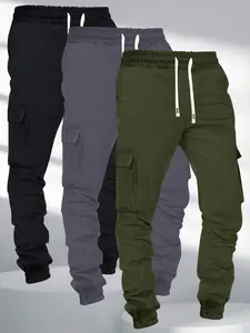 Men's Workwear Jogger Pants, 3 Pack, Autumn & Winter, Multi-Pocket, Solid Color, Lightweight Stretch Waist, Drawstring Closure, Comfortable & Fashionable Casual Running Athletic Trousers