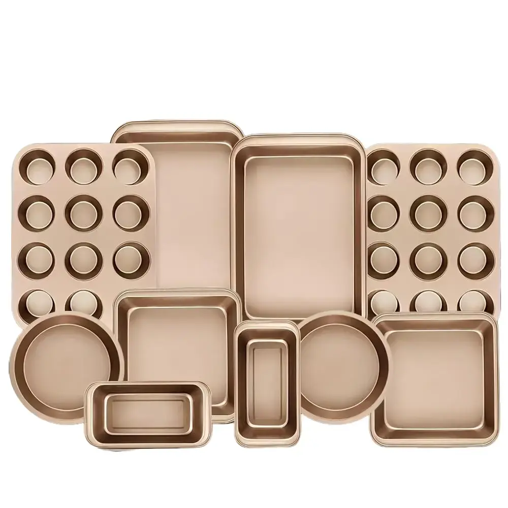 Gold Anti-Stick 10-Piece Bakeware Set - Oven-Safe Kitchen Baking Set with Square, Round Cake Pans, Cookie Sheets, Varied Sizes, Easy Cleanup for Baked Goods, Ideal for Baking Enthusiasts, Beginners, Anti-Stick Baking Sets, Heat Resistant