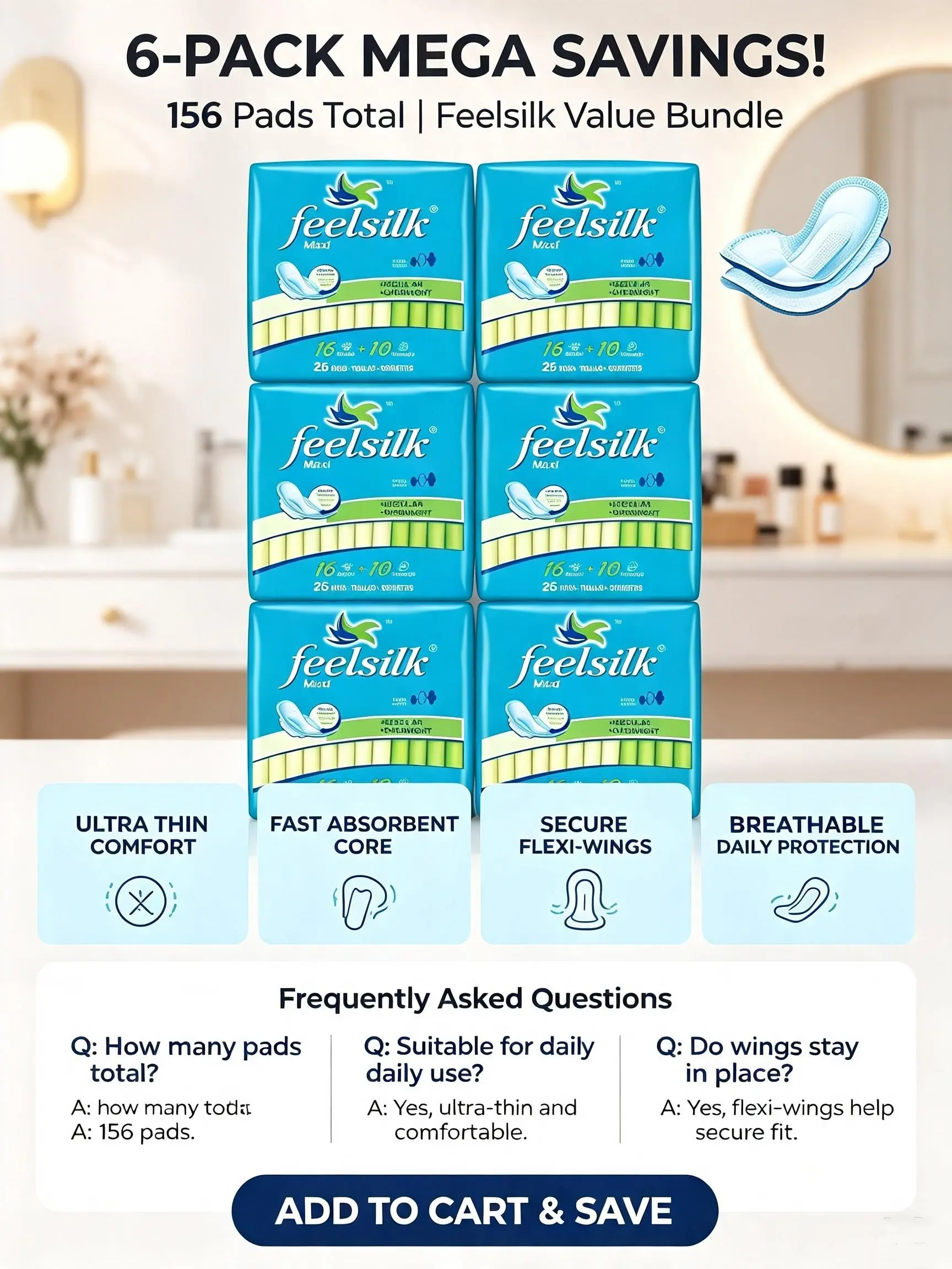 Feelsilk Maxi Ultra Thin Feminine Napkins with Flexi-Wings, 6 Pack Mega Value Bundle 156 Total Pads, Fast Absorbent Core Breathable Slim Period Pads, Secure Stay-Put Wings All-Day Moderate Flow Feminine Hygiene Supplies Daily Gentle