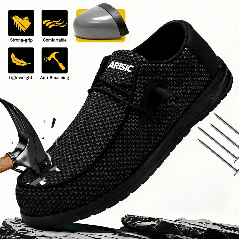 ARISIC Men's Wide-Fit Steel-Toe Safety Easy Breezy Loafers - Lightweight Breathable Slip-Ins Footwear with Memory Foam, All-Seasons Casual Walking Shoes for Lifestyle Use