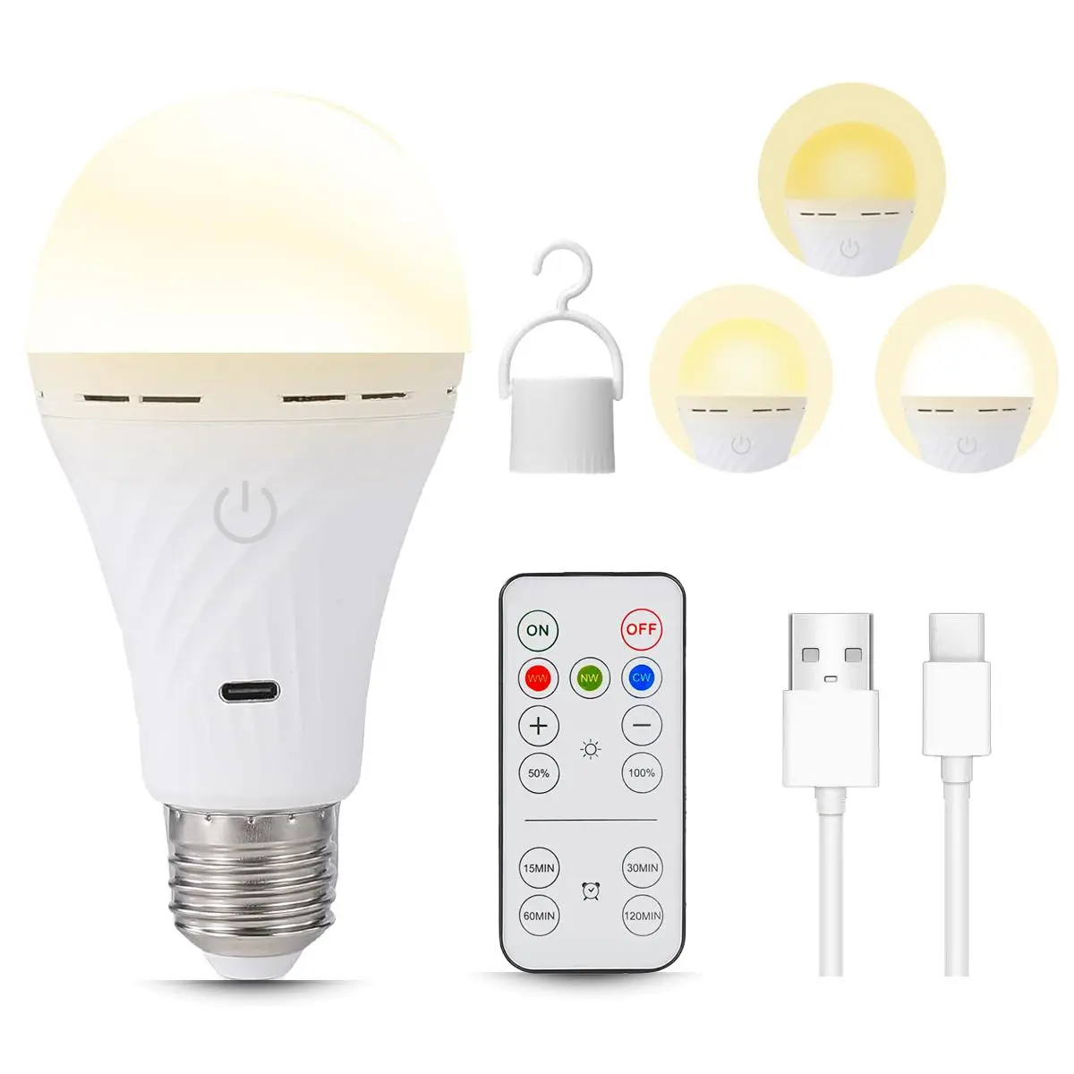USB-C Rechargeable LED Bulb, Adjustable Brightness Led E27 Touch Dimming Outdoor Camping Emergency Light, RGB Color Changing Light Bulb with Remote Control, Adjustable Led Lights, Dimmable Led Lights