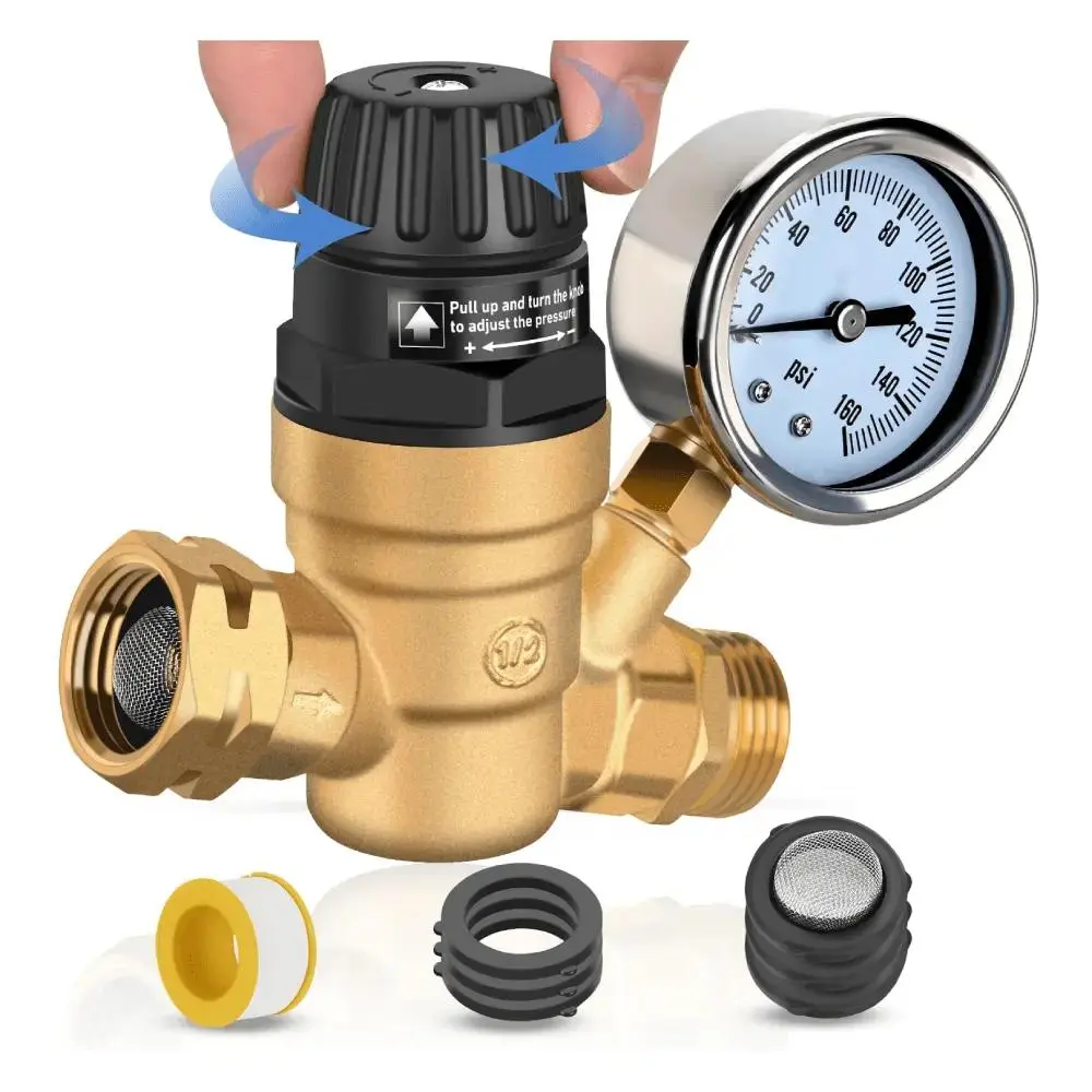 Nilight Adjustable Brass RV Camper Water Pressure Regulator - Handwheel Handle Adjustment Design, Oil-Filled Gauge, 3/4" Hose Female Inlet, Female Fitting to Water Source, Ergonomic Handle for Home Plumbing, Garden
